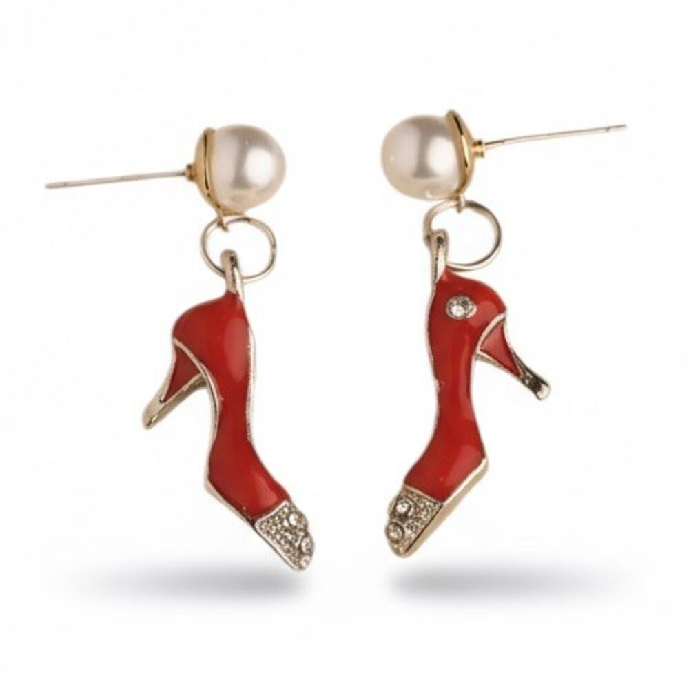 Pearl Shoe Purse Earrings Red CZ Enamel Stud Gold Crystal VTG Silver